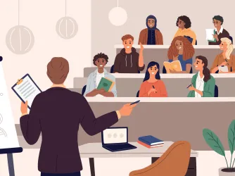 Illustration of college students sitting in lecture hall with a professor teaching